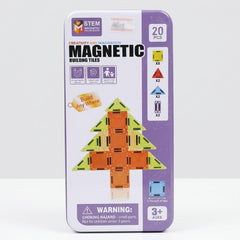 Magnetic Building Tiles tin box front, STEM badge, 20 PCS, choking hazard warning, Ages 3+