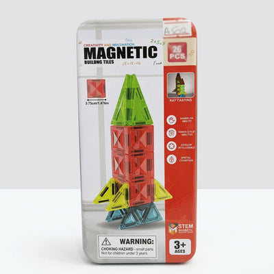 Magnetic Building Tiles tin box front, 26 PCS, choking hazard warning, Ages 3+