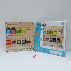 Wooden lacing board with 10 colour-matched shoe tabs and a bead maze run along the bottom