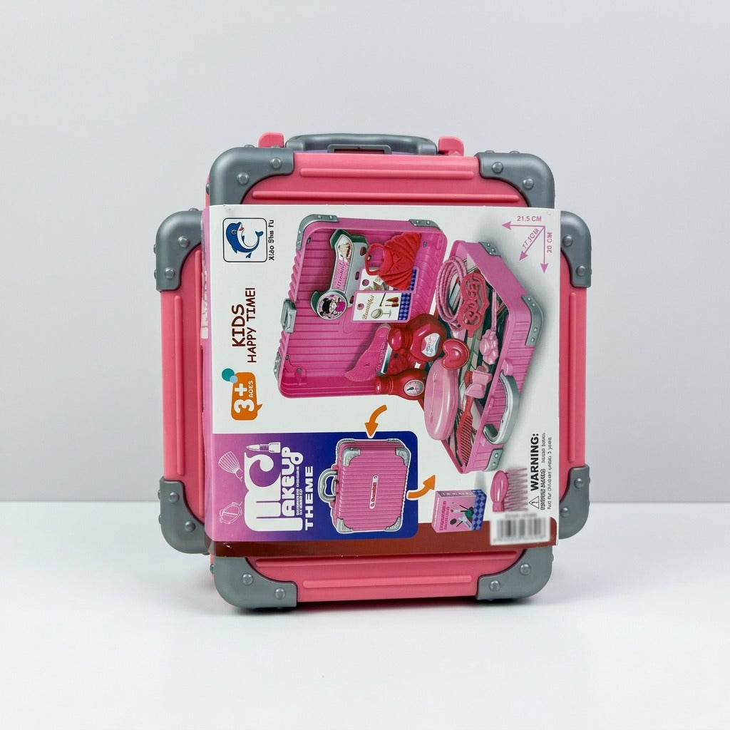Pink hard-shell makeup case with a carry handle and a "22 PCS" sticker on the front