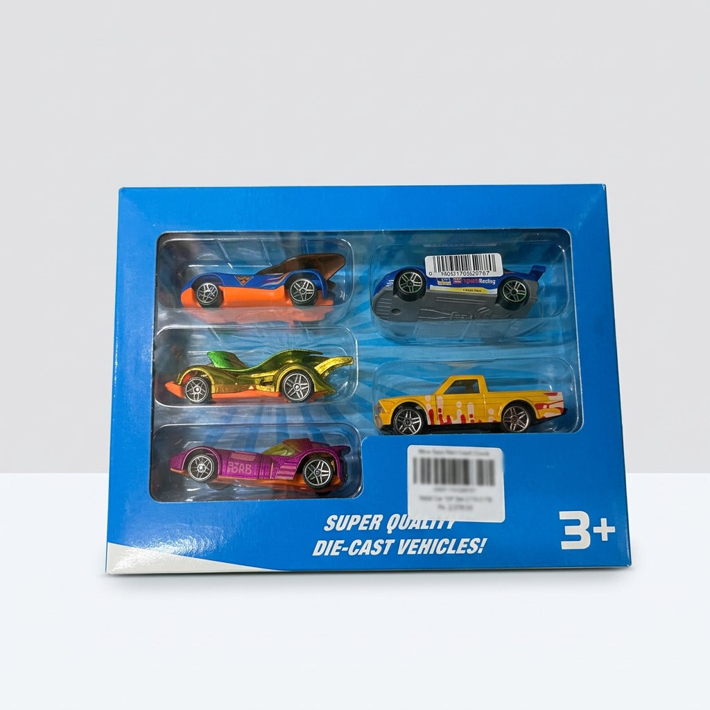 Close-up of the gold racer, the yellow pickup and the purple car