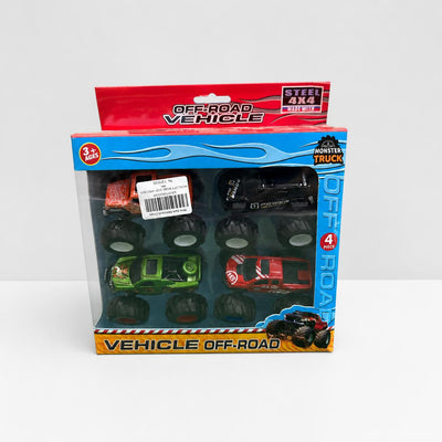 Off-Road Vehicle box front with four monster trucks in the window and the 4 piece mark