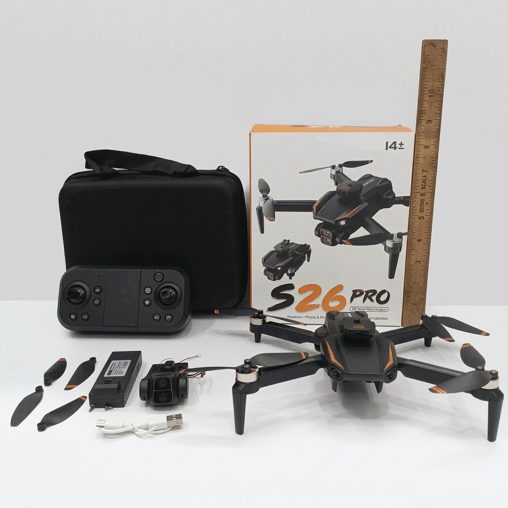 Drone box front, S26 PRO logo, 14+ age badge