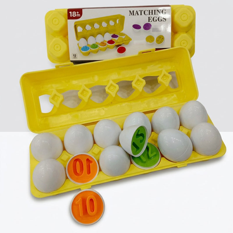 Matching Eggs box front, yellow egg carton open with 12 number and colour eggs, 18+m tag