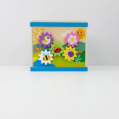 Wooden Bead Maze Activity Cube, gear panel close-up and full box front, 36+ Months badge