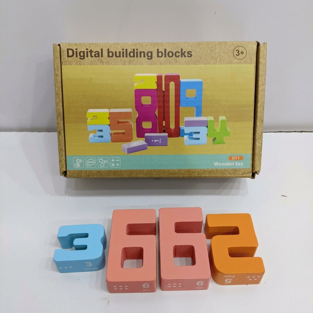Digital building blocks box front, wooden number pieces, 011 code, Wooden toy label, Ages 3+
