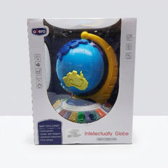 Intellectually Globe box front, blue plastic globe on a yellow arm stand with a ring of coloured tabs around the base