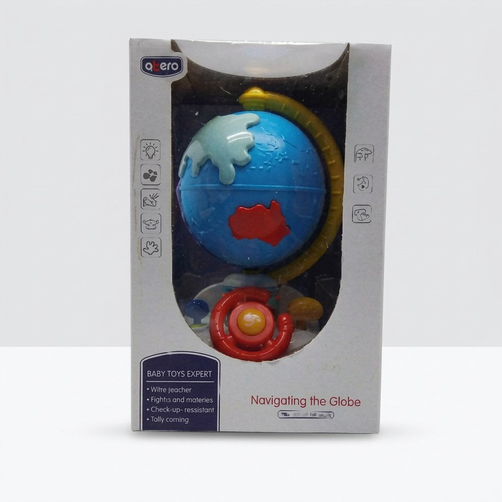 Navigating the Globe box front, blue plastic globe on a yellow arm stand with a red spinner piece at the base