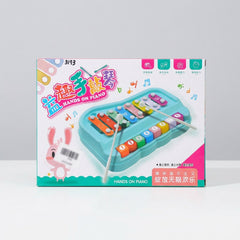 Hands On Piano box front, teal xylophone base with 8 colour-coded bars numbered 1 to 8 and two mallets