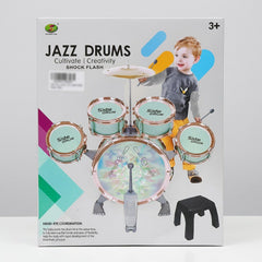Kids Jazz Drum Set box front, bass drum with holographic head, four side drums, cymbal, 3+ badge, stool