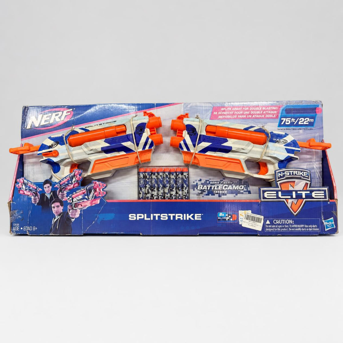 NERF SplitStrike blaster in the box, shown as two halves side by side