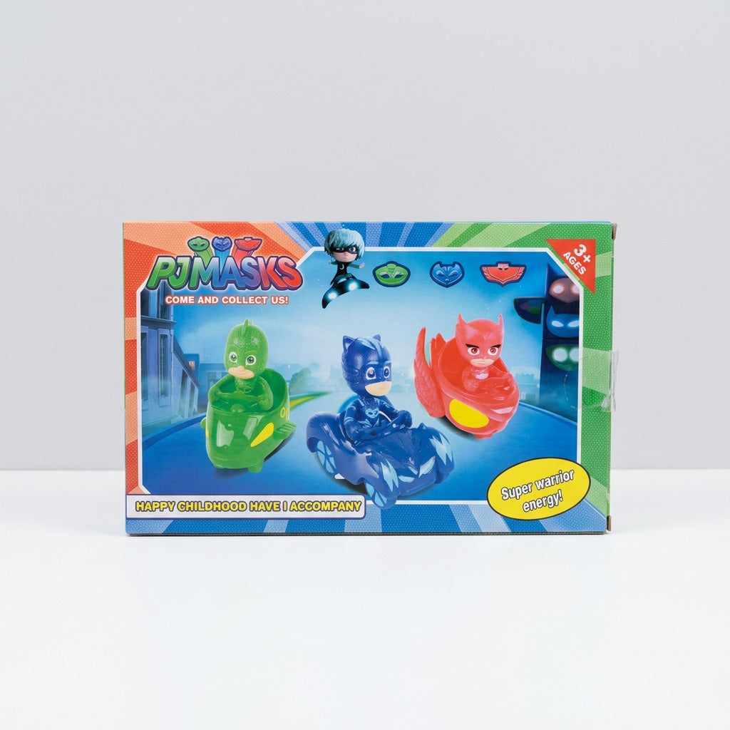 Close-up through the packaging of the figures, red car and the choking-hazard warning