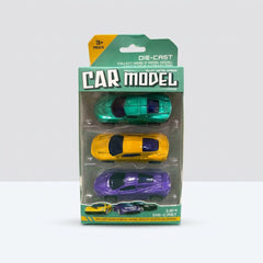 Die-cast car model card front, teal, yellow and purple cars in a blister