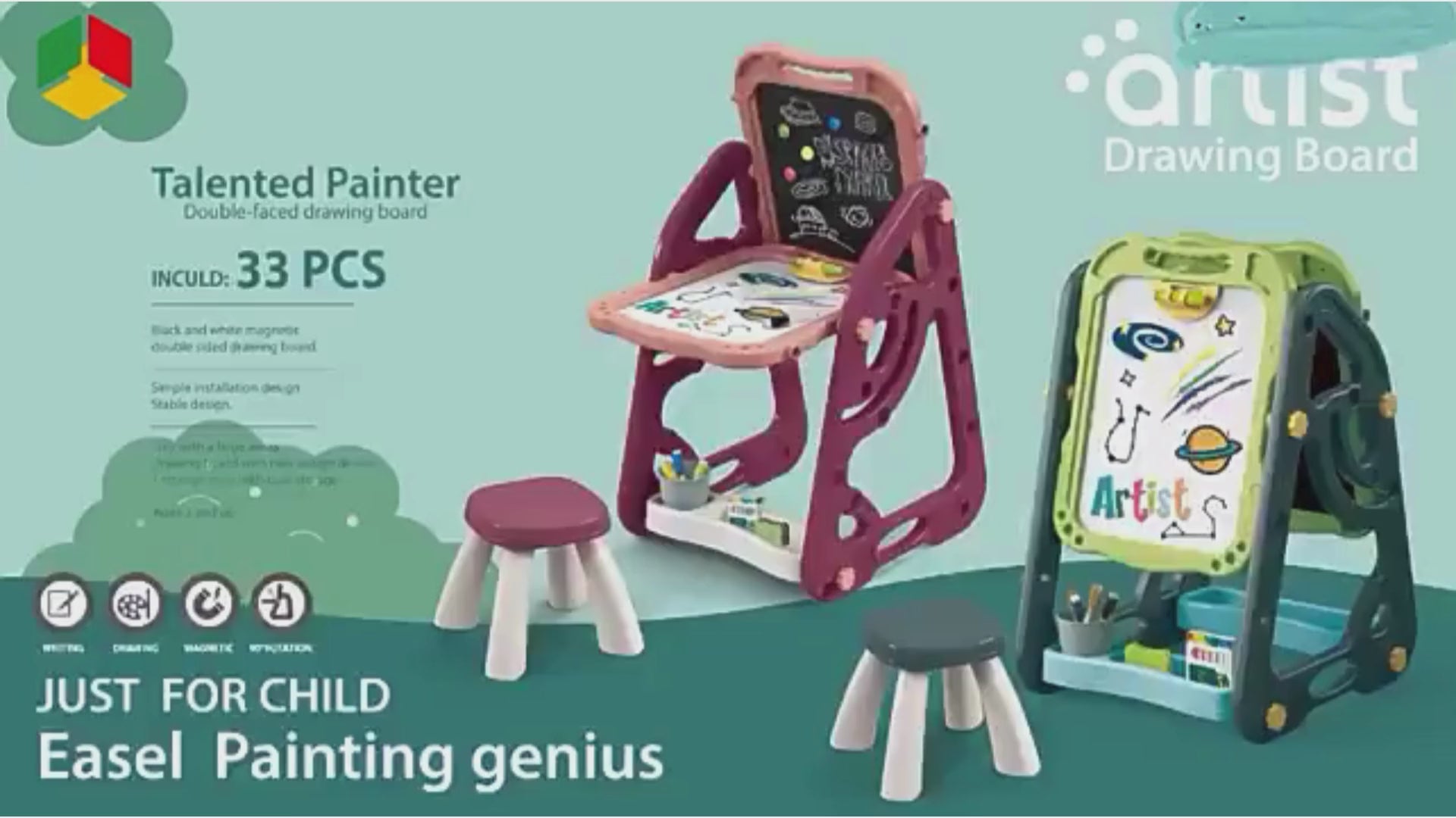 Artist Drawing Board - Double-Sided Easel with Stool