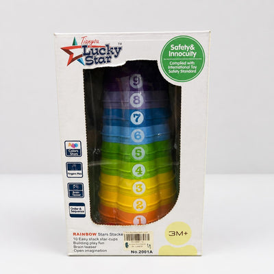 Rainbow Stars Stacker box front with the numbered cups in the window and the 3M+ badge