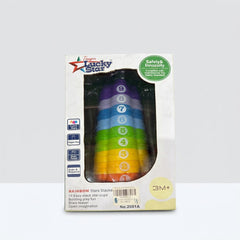 Box back showing a child reaching for the stacked rainbow tower