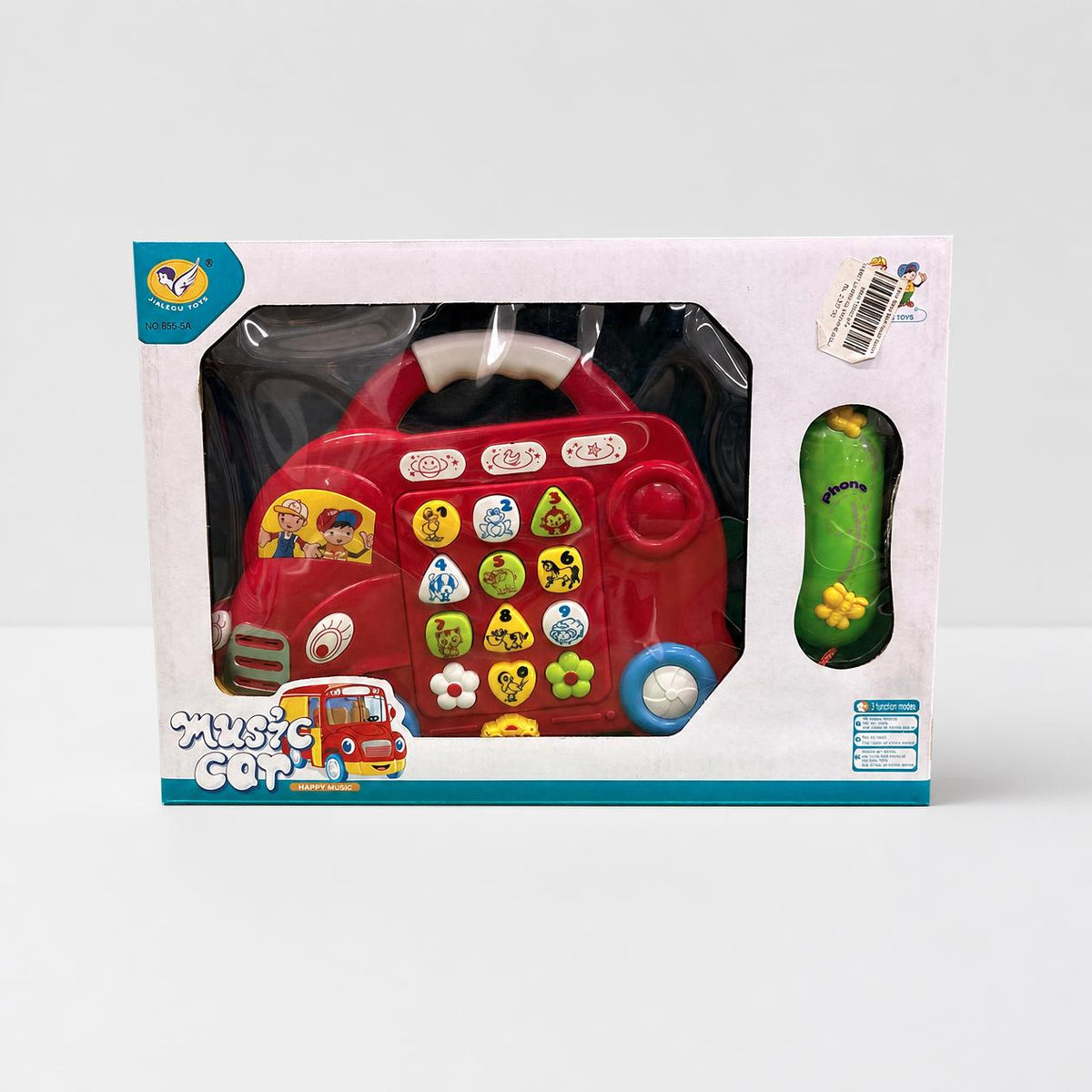 Music Car box front, the red bus toy and its green phone handset in the window