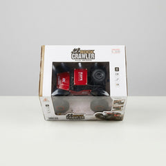 RC Rock Crawler box, alloy material, 1:18 scale and full-function badges, black and red truck visible through the window