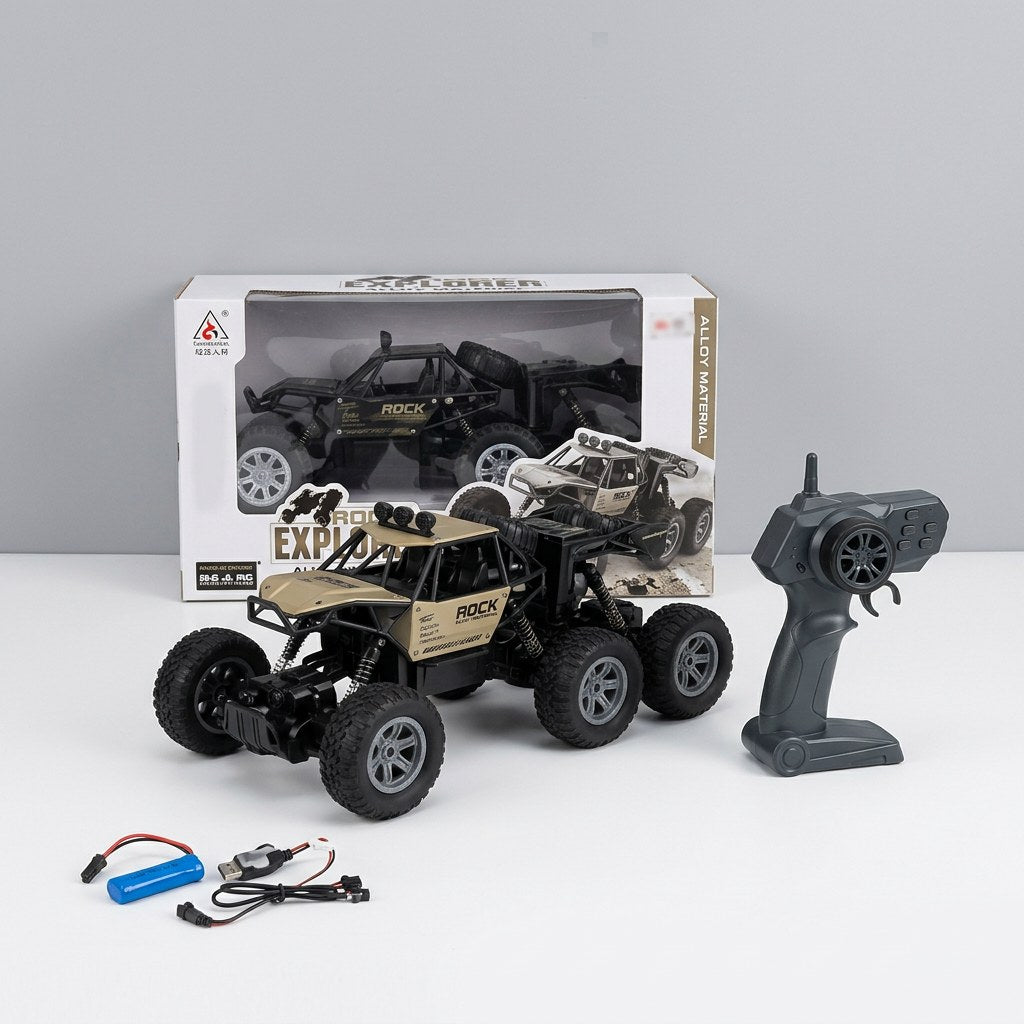 Rock Explorer box, alloy material badge, remote control and USB cable shown alongside