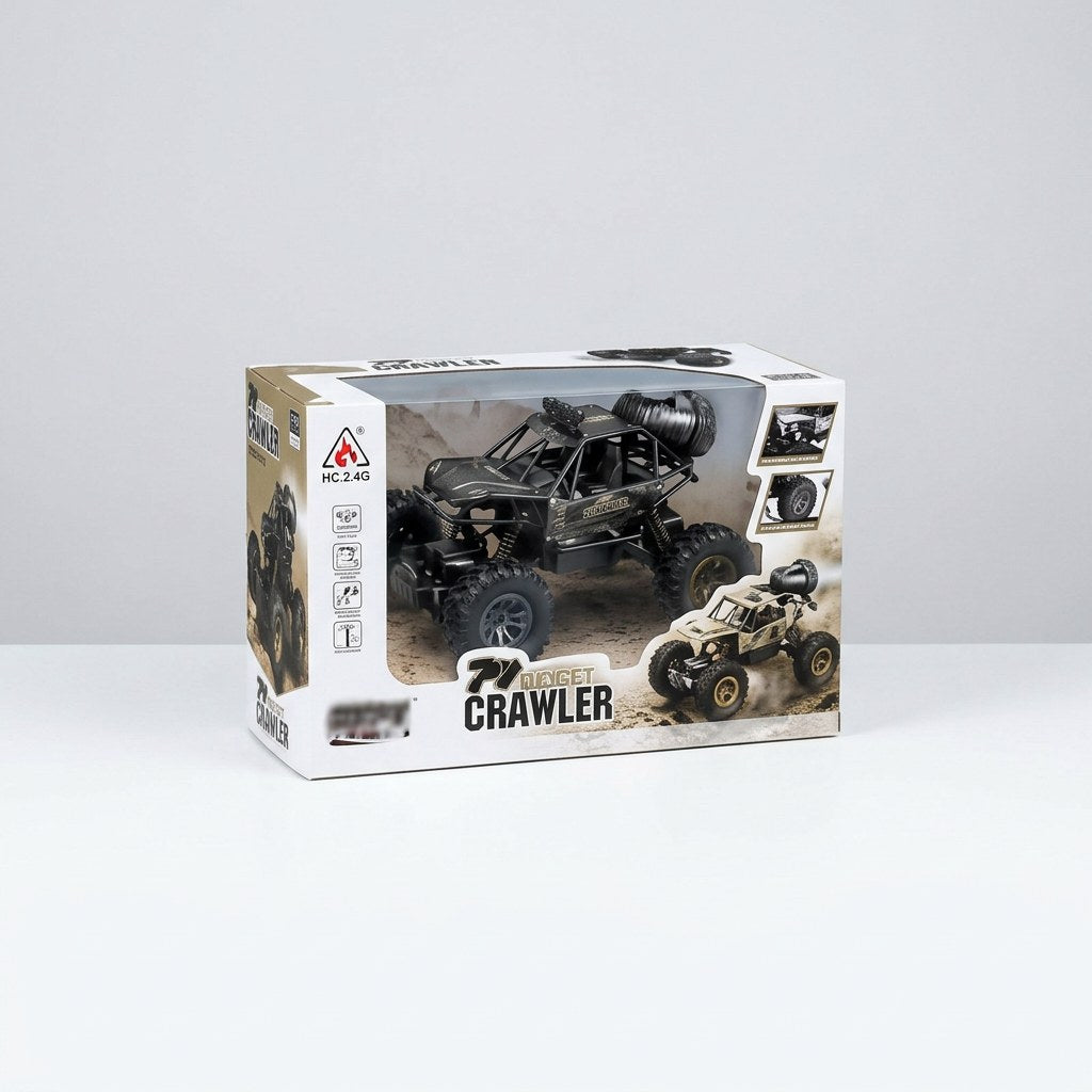 RC Rock Crawler box in desert tan camouflage, remote control marked HC.30M shown alongside
