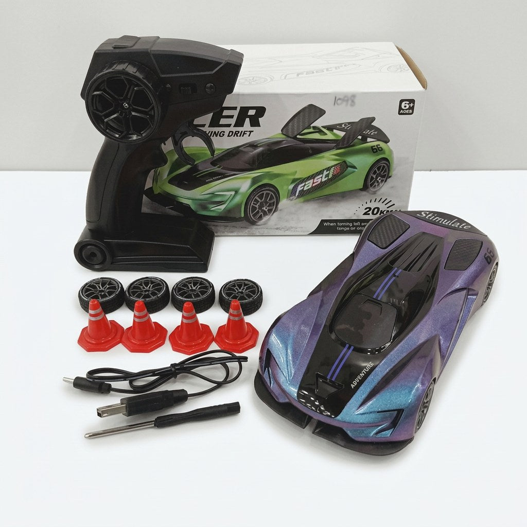 Purple-to-blue colour-shifting drift RC car, with its controller, four spare wheels, four traffic cones, USB cable and screwdriver, beside the "6+" box