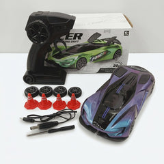Purple-to-blue colour-shifting drift RC car, with its controller, four spare wheels, four traffic cones, USB cable and screwdriver, beside the "6+" box