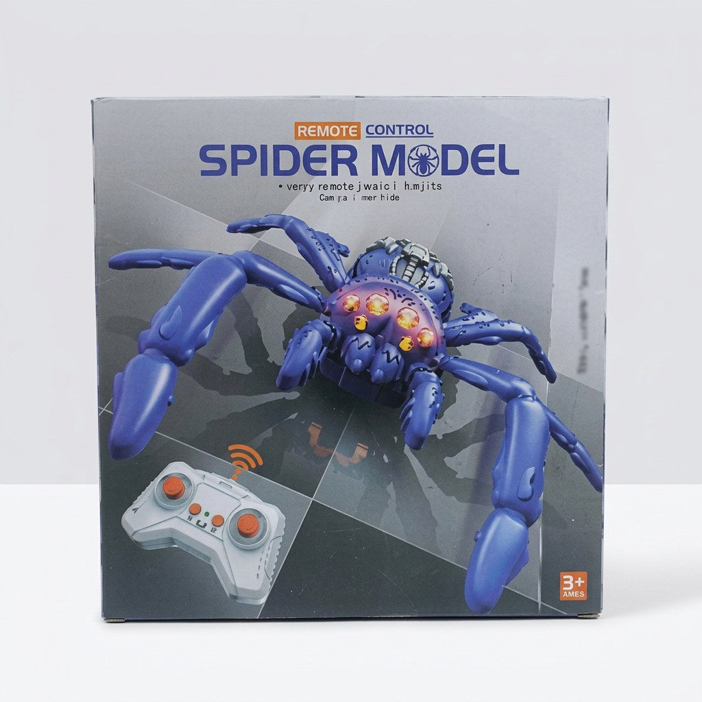 RC Spider Model box front, showing the blue spider toy with its jointed legs and the handheld remote controller, with the 3+ age badge