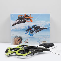 Close-up of the drone's rotor cut-outs with the remote and the bagged cable beside it