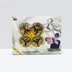 Firefly Drone box front, yellow quadcopter in the window with the hand controller pictured