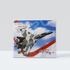 The blue foam jet beside its gamepad controller, the parts bag and the instruction sheet