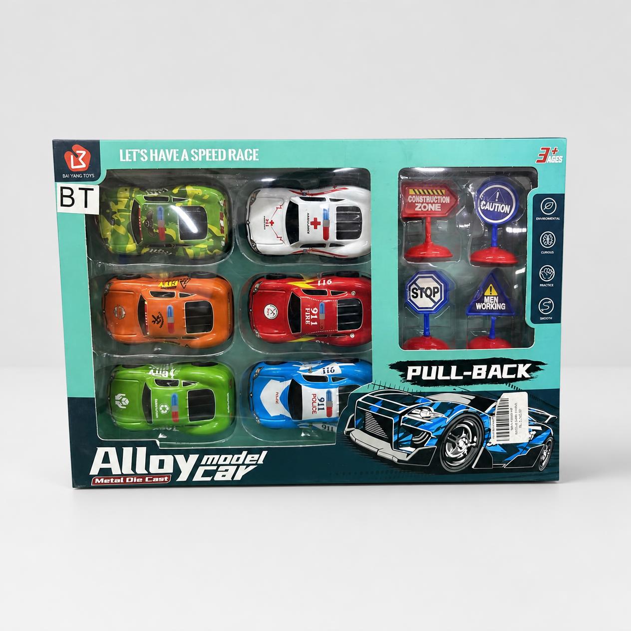 Alloy model car box front, six die-cast cars and four road signs under a clear window