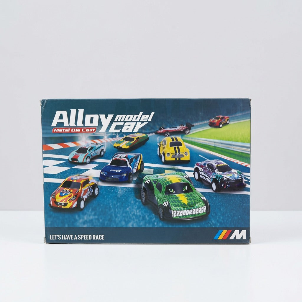 Close-up of the blue cartoon racer printed on the box front with the shop price label