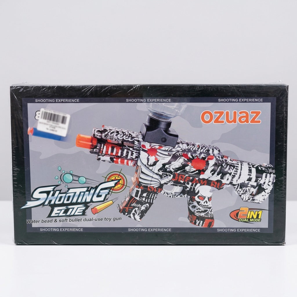 Shooting Elite M416 box front showing the blue and green water bead and soft bullet guns
