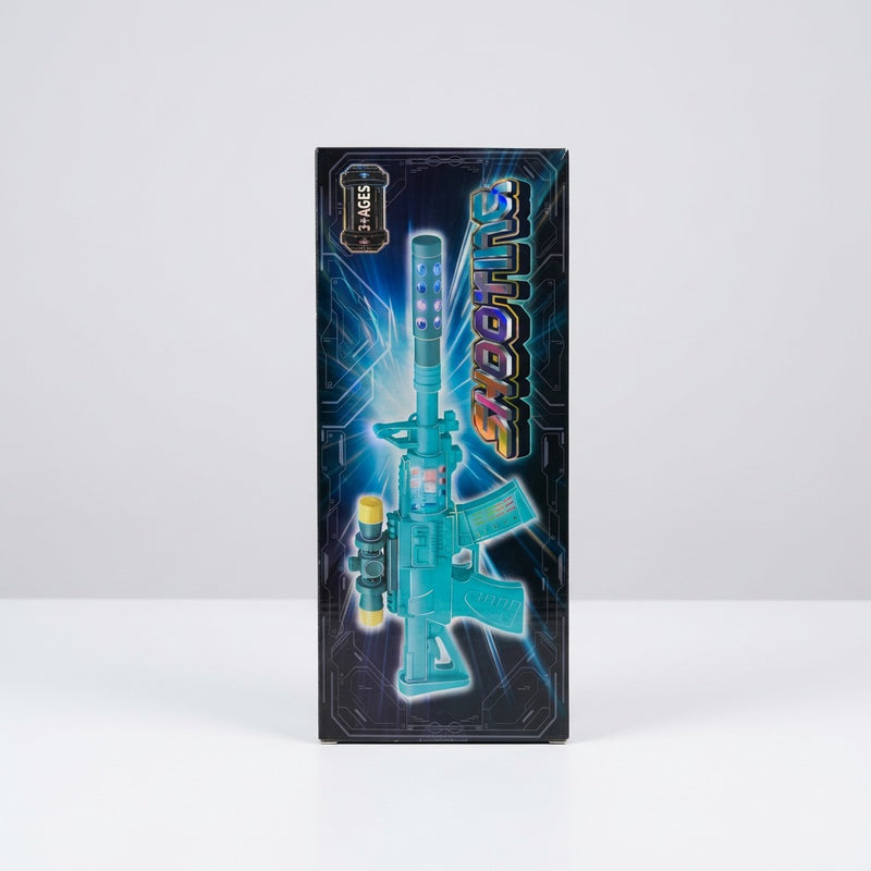 Box back showing the full toy rifle with its scope and silencer and the 3+ AGES badge