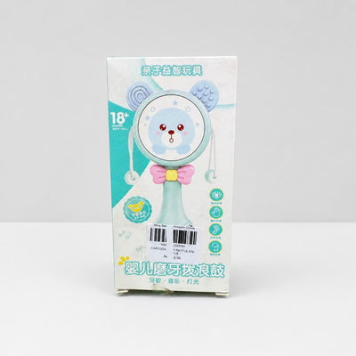Baby rattle drum box front in mint and white, 18+ month badge and the shop sticker