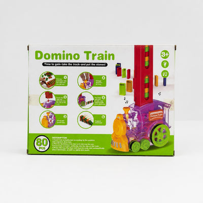 Domino Train box front showing the purple locomotive, the domino tower and the 3+ roundel