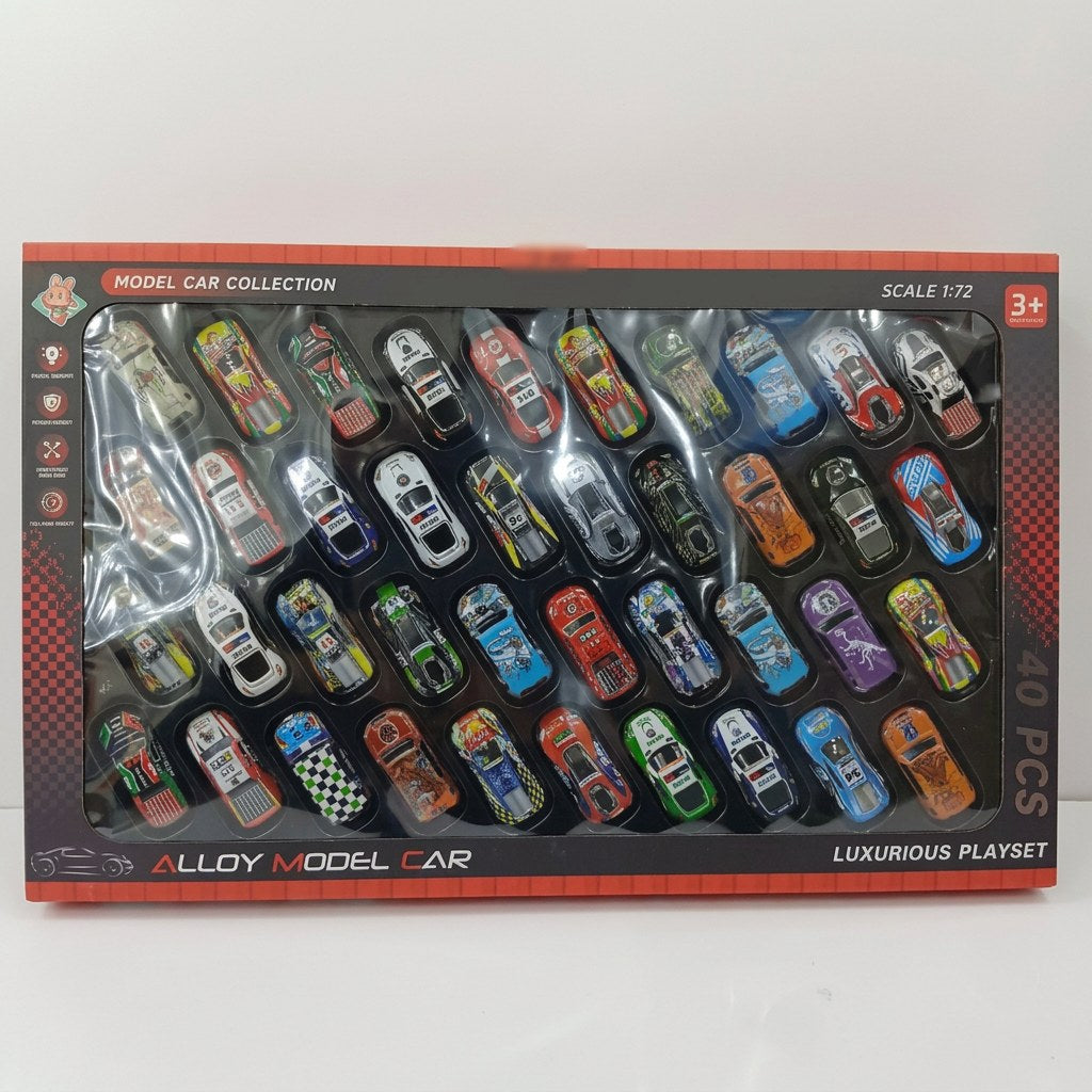 Alloy Model Car Collection box front, 40 cars in window display, Scale 1:72, 3+ badge