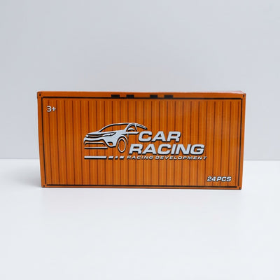 Container-shaped box for a 24-piece mini toy cars set, orange "Car Racing" packaging