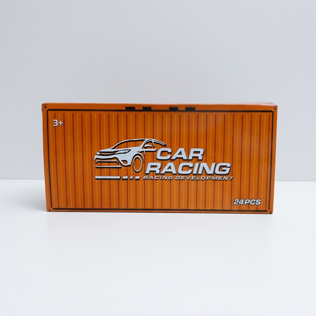 Container-shaped box for a 24-piece mini toy cars set, orange "Car Racing" packaging