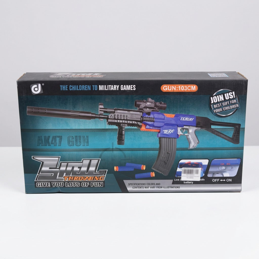 AK47 Gun box front showing the assembled blue rifle and the 103CM marking