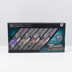 Box back with four colourways of the same rifle and the 3+ age badge
