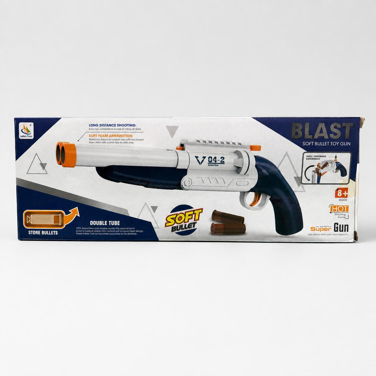BLAST soft bullet toy gun box front showing the white and navy gun and the double tube badge
