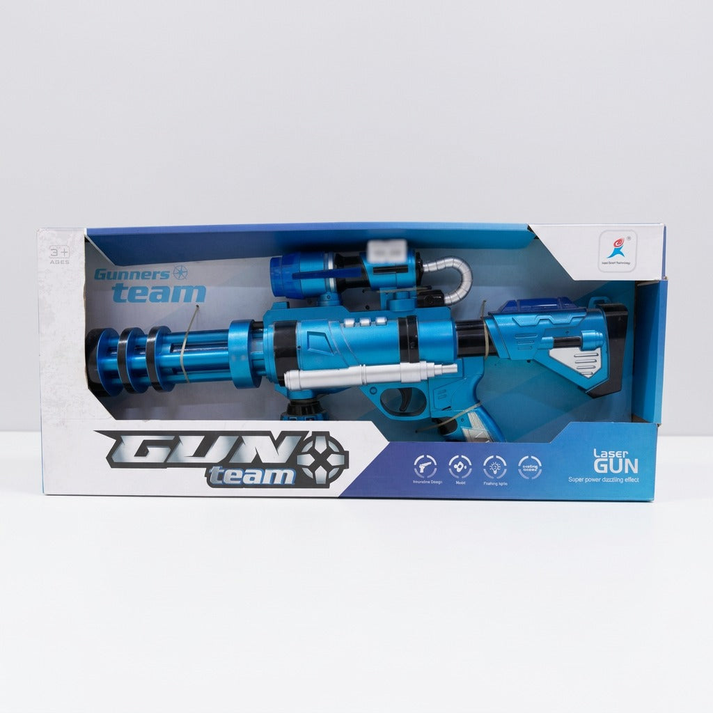 Gunners team Laser Gun window box with the metallic blue gatling toy gun inside