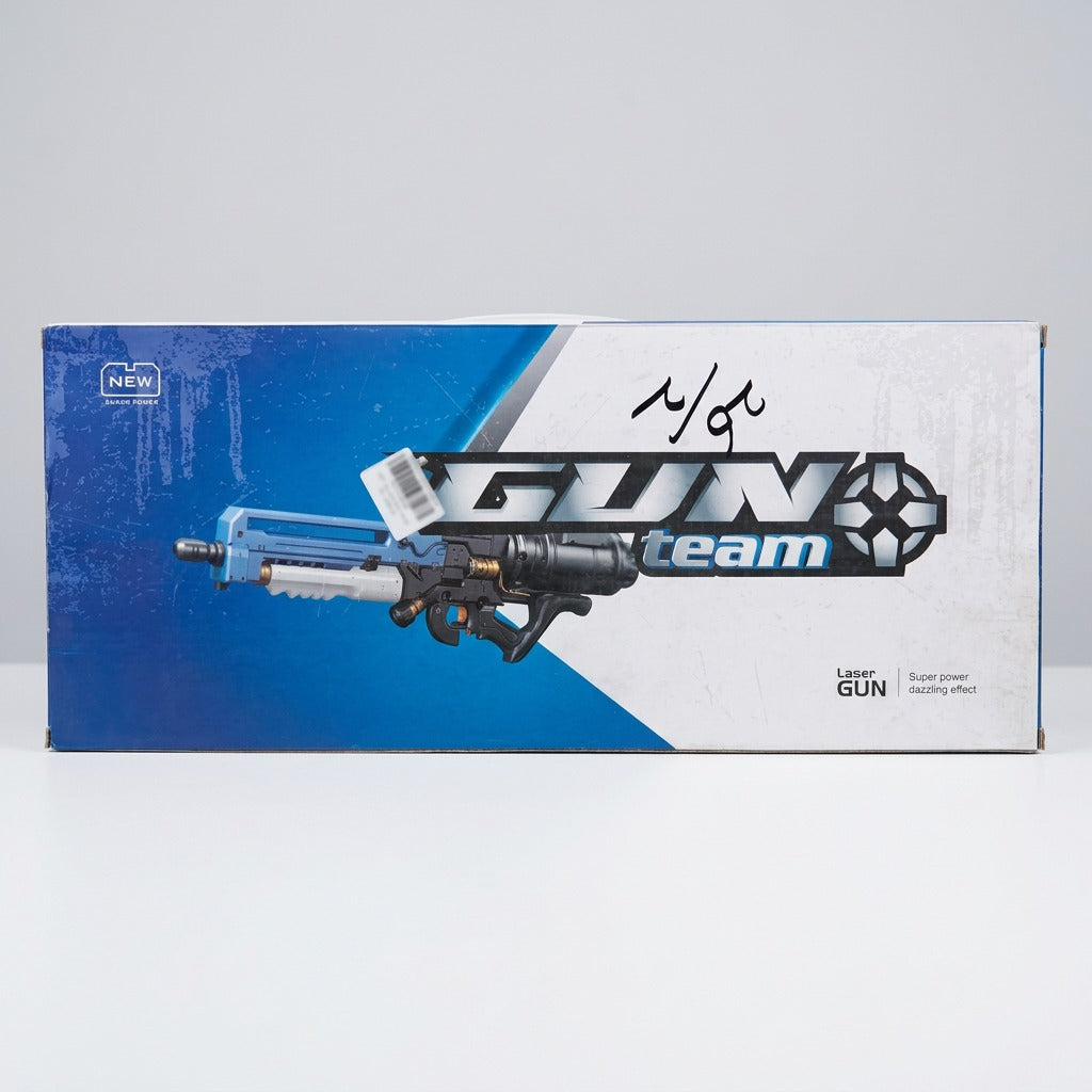 Box side panel printed with the GUN team logo and the Laser Gun line