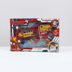 Red and gold soft bullet blaster in its window box with the AGES 6+ badge