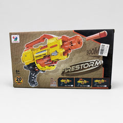 Firestorm dart blaster box front, yellow and orange blaster with the shop price sticker