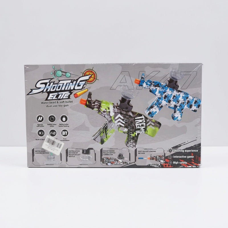 Box top panel showing the suction cup darts, water beads, goggles, bottle and connector