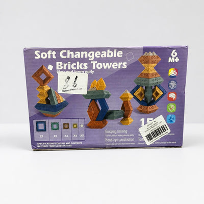 Soft Changeable Bricks Towers box front with the 6 M+ badge and the stacked tower photo