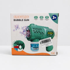 Electric Bubble Gun box front, green rocket-shaped bubble gun with its pot of solution