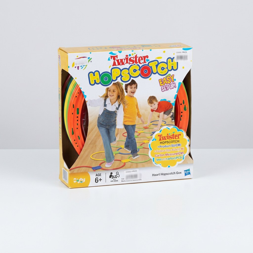 Hopscotch ring floor game box, showing two children hopping across the connected coloured rings, spec table with item code SY001